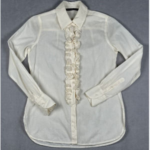 Peruvian Connection Ruffled Button Up Shirt Blouse Cream Cotton Lawn Size XS